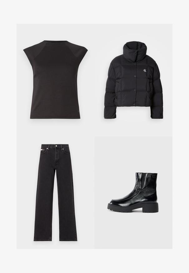 Black puffer jacket with a cropped design, high collar, and button closure. Made from glossy, insulated material featuring quilted sections.; Black short-sleeve top featuring a round neckline and angled shoulder seams. Made of smooth fabric with a fitted cut and no visible patterns.; Black wide-leg jeans made of denim, featuring a high-rise waist, five-pocket styling, and a metal button closure with contrasting stitching.; Black ankle boots with a glossy patent leather finish, chunky black rubber sole, and raised heel; includes subtle logo detail on the side.