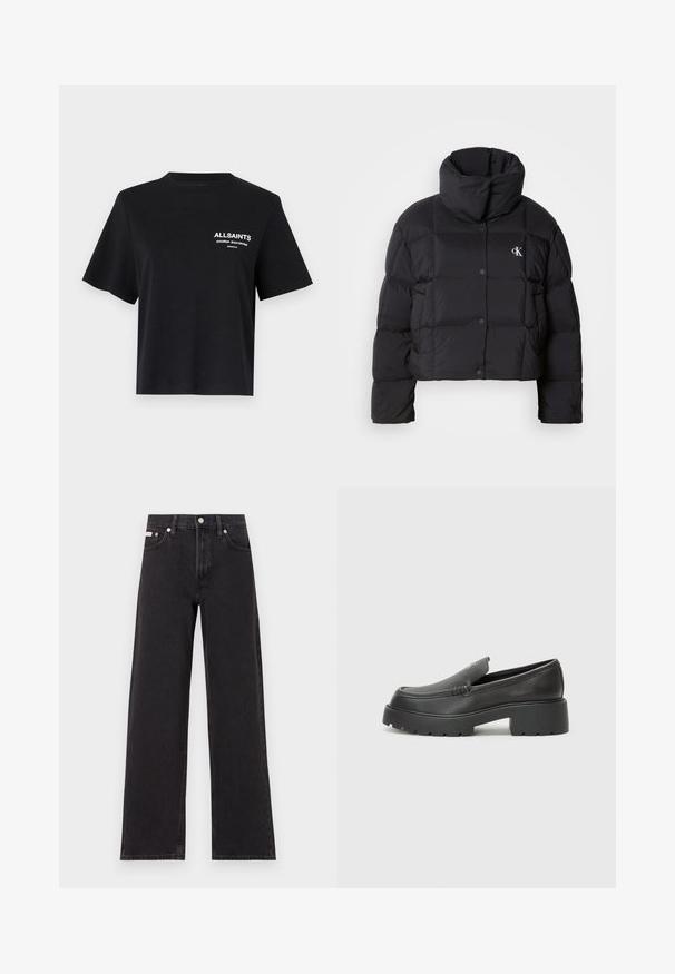 Zwarte pufferjack met een cropped ontwerp, hoge kraag en knoopsluiting. Gemaakt van glanzend, geïsoleerd materiaal met gestikte secties.; Zwart katoenen T-shirt met een ronde hals en korte mouwen. Voorzien van witte bedrukte tekst op de linkerborst. Eenvoudige, losse pasvorm.; Zwarte wijde spijkerbroeken van denim, met een hoge taille, vijf-pocket stijl en een metalen knoopsluiting met contrasterende stiksels.; Zwarte leren instappers met een ronde neus, dikke getextureerde zool en minimale stikseldetails. Strak ontwerp zonder zichtbare veters of hardware.