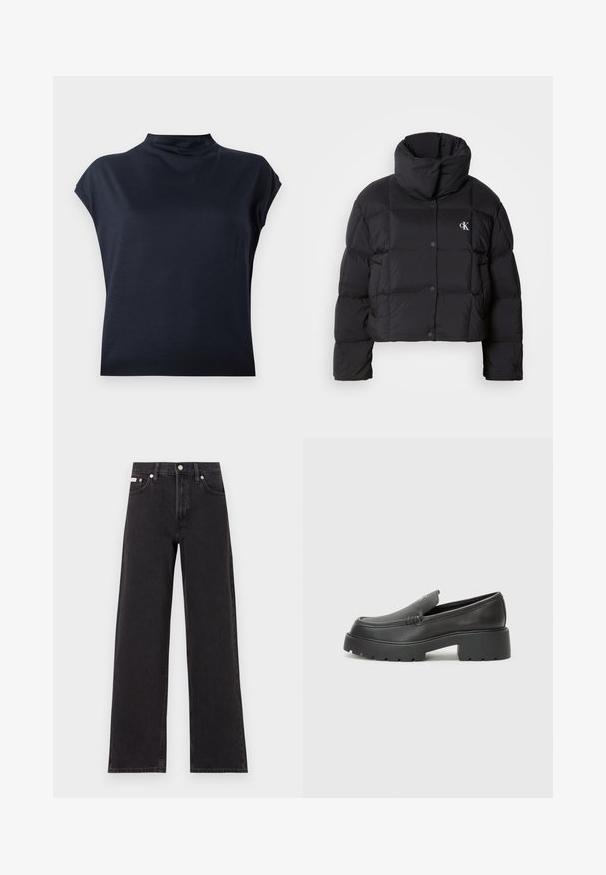 Sort pufferjakke med cropped design, høj krave og knaplukning. Fremstillet af glansfuldt, isoleret materiale med quiltede sektioner.; Mørkeblå, kortærmet top med høj krave. Glat stof med en let glans og en afslappet pasform. Simpelt, minimalistisk design uden synlige mønstre.; Sorte vidde jeans lavet af denim, med høj talje, fem-lomme stil og en metalknap lukning med kontrasterende syninger.; Sorte læder loafers med rund tå, tyk tekstureret sål og minimale syninger. Elegant design uden synlige snørebånd eller hardware.
