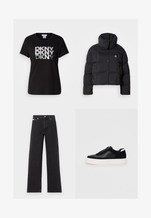Czarna kurtka puchowa o kroju cropped, z wysokim kołnierzem i zapięciem na guziki. Wykonana z błyszczącego, izolowanego materiału z pikowanymi sekcjami.; Czarna bawełniana koszulka z dużym metalicznym srebrnym logo „DKNY” z brokatem nadrukowanym na przodzie. Krótkie rękawy i okrągły dekolt.; Czarne dżinsy o szerokich nogawkach, wykonane z denimu, z wysokim stanem, pięcioma kieszeniami oraz metalowym zapięciem z kontrastowym szwem.; Czarne sneakersy z gładkiej skóry i zamszowymi panelami, płaskimi sznurowadłami, zaokrąglonym noskiem i białą gumową podeszwą. Wyraźne logo na pięcie.