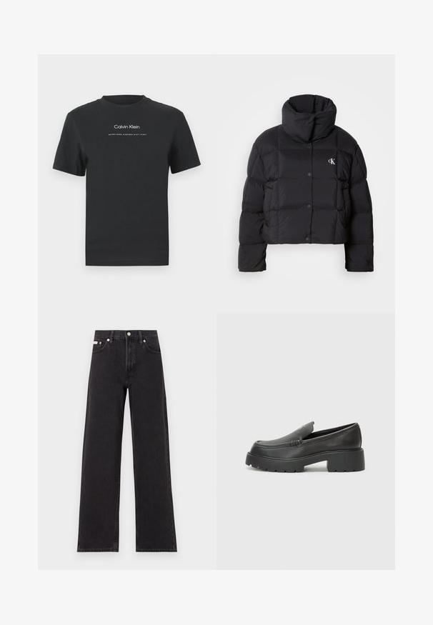 Čierna puff jacket s krátkym strihom, vysokým golierom a zapínaním na gombíky. Vyrobená z lesklého, izolačného materiálu so prešívanými sekciami.; Čierne bavlnené tričko s okrúhlym výstrihom, kratkými rukávmi a bielou potlačou loga "Calvin Klein" a textu "Established 1968".; Čierne široké džínsy vyrobené z denimu, s vysokým pásom, piatimi vreckami a kovovým zapínaním s kontrastným šitím.; Čierne kožené mokasíny s okrúhlou špičkou, hrubou textúrovanou podrážkou a minimom stehovej výzdoby. Štíhly dizajn bez viditeľných šnúr alebo kovania.