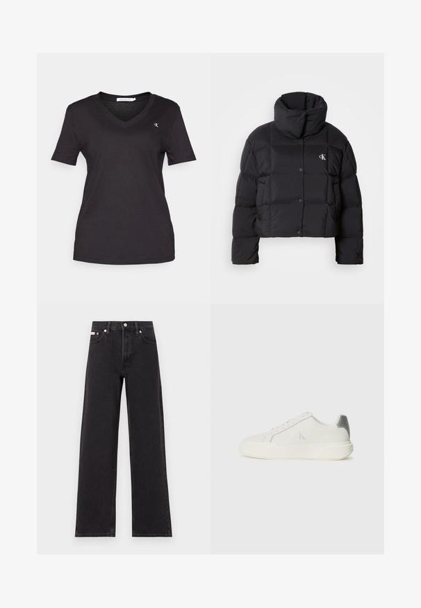 Czarna kurtka puchowa o kroju cropped, z wysokim kołnierzem i zapięciem na guziki. Wykonana z błyszczącego, izolowanego materiału z pikowanymi sekcjami.; Calvin Klein Jeans - T-shirt basic; Czarne dżinsy o szerokich nogawkach, wykonane z denimu, z wysokim stanem, pięcioma kieszeniami oraz metalowym zapięciem z kontrastowym szwem.; Biała sneakersy wykonane ze skóry o gładkiej fakturze, z metalicznym akcentem na pięcie, płaską podeszwą i minimalistycznym designem.