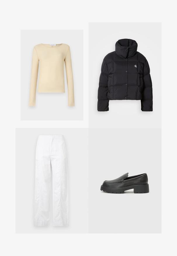 Must zwart puffer jope, mille disainiga, kõrge kaelusega ja nööpidega kinni. Valmistatud läikivast, soojust liikuvast materjalist, millel on äraotatud sektsioonid.; Pikendusega pehme ja sile beež särk. Omab ümmargust kaelust ja keha ligi jäävat lõiget. Minimalistlik, ilma silmapaistvate mustrite või dekoratsioonideta.; Valged laiad püksid, mis on valmistatud kergetest materjalidest, omades siledat tekstuuri, puhtaid jooni ja kõrget vöökohta.; Mustad nahast loafers ümarate varvastega, paksu tekstuuriga tald ja minimaalsete õmbluse detailidega. Viimistletud disain, kus pole nähtavaid paelu ega riistu.