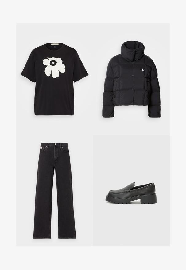 Must zwart puffer jope, mille disainiga, kõrge kaelusega ja nööpidega kinni. Valmistatud läikivast, soojust liikuvast materjalist, millel on äraotatud sektsioonid.; Musta puuvillane T-särk, mille esiküljel on suur valge lillemuster, lühikesed varrukad ja mugav lõige. Sildi asukoht kaelas.; Mustad laiad mustad teksad, millel on kõrge vöökoht, viie tasku stiil ja metallist nööpkinnitus kontrastsete õmblustega.; Mustad nahast loafers ümarate varvastega, paksu tekstuuriga tald ja minimaalsete õmbluse detailidega. Viimistletud disain, kus pole nähtavaid paelu ega riistu.