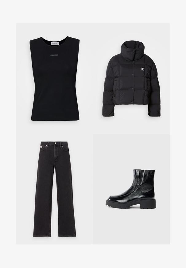 Zwarte pufferjack met een cropped ontwerp, hoge kraag en knoopsluiting. Gemaakt van glanzend, geïsoleerd materiaal met gestikte secties.; Zwart mouwloos topje gemaakt van gladde stof. Heeft een ronde halslijn en een klein Calvin Klein-logo in het midden. Eenvoudig en aansluitend ontwerp.; Zwarte wijde spijkerbroeken van denim, met een hoge taille, vijf-pocket stijl en een metalen knoopsluiting met contrasterende stiksels.; Zwarte enkellaarsjes met een glanzende lakleren afwerking, chunky zwarte rubberen zool en verhoogde hak; inclusief subtiele logo-detail aan de zijkant.