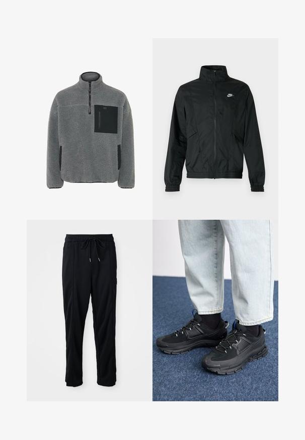 Jachetă ușoară neagră Nike cu fermoar, guler înalt, manșete și tiv elastice, și logo alb Nike pe pieptul stâng.; Pulover din fleece de culoare gri deschis, cu un material texturat, închidere cu fermoar de un sfert și accente negre la buzunarele de pe piept și laterale.; Pantaloni casual negri cu șnur la talie, cu buzunare laterale și croială dreaptă, pe un fundal simplu.; Pantofi sport negri, cu țesătură texturată și tălpi din cauciuc, având șireturi elastice și un accent albastru pe toc. Purtați cu pantaloni din denim deschis.