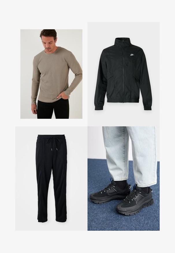 Juoda lengva „Nike“ striukė su užtrauktuku, aukštu apvadu, elastingais rankogaliais ir apačia, bei balta „Nike“ logotipu kairėje krūtinės pusėje.; Šviesiai rudos spalvos ilgomis rankovėmis termo marškiniai su tekstūruota juostele, apvalia iškirpte ir priglundančiomis rankovėmis, derinami su juodais kelnais.; Juodos laisvos kelnės su raišteliu liemens, šoninėmis kišenėmis ir tiesiu kirpimu ant vienodos fono.; Juodi sportiniai bateliai su tekstūruota medžiaga ir guminiais padais, su elastingomis raišteliais ir mėlynu akcentu ant kulno. Dėvimi su šviesiai mėlynomis džinsinėmis kelnėmis.