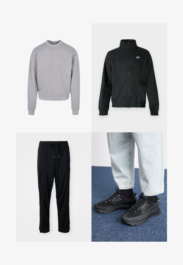 Jachetă ușoară neagră Nike cu fermoar, guler înalt, manșete și tiv elastice, și logo alb Nike pe pieptul stâng.; Hanorac gri cu guler rotund, mâneci lungi și manșete cu nervuri. Fabricat dintr-un material moale, texturat, având o croială confortabilă.; Pantaloni casual negri cu șnur la talie, cu buzunare laterale și croială dreaptă, pe un fundal simplu.; Pantofi sport negri, cu țesătură texturată și tălpi din cauciuc, având șireturi elastice și un accent albastru pe toc. Purtați cu pantaloni din denim deschis.