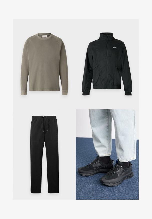 Black Nike lightweight zip-up jacket with high collar, elastic cuffs and hem, and white Nike logo on the left chest.; Green long-sleeve sweatshirt with a textured, ribbed surface, round neckline, and cuffed sleeves. Features raglan sleeves for ease of movement.; Black sweatpants made of fleece, featuring an elastic waistband with drawstrings, two front pockets, and a small logo on the thigh.; Black athletic shoes with textured fabric and rubber soles, featuring elastic laces and a blue accent on the heel. Worn with light denim pants.