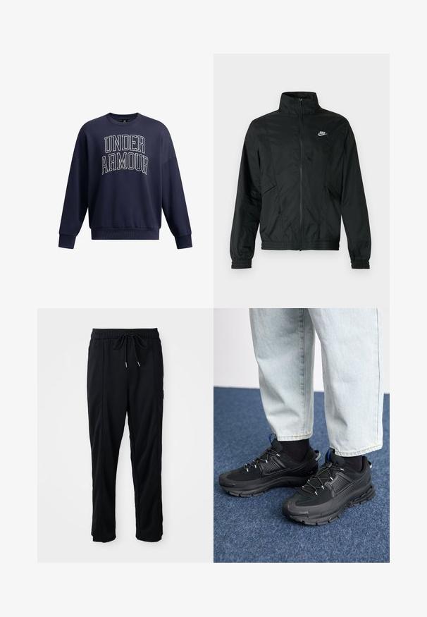 Black Nike lightweight zip-up jacket with high collar, elastic cuffs and hem, and white Nike logo on the left chest.; Navy blue sweatshirt with "UNDER ARMOUR" text in bold white letters. Features a round neck, long sleeves, and a relaxed fit.; Black drawstring waist casual pants with side seam pockets and straight leg cut on a plain background.; Black athletic shoes with textured fabric and rubber soles, featuring elastic laces and a blue accent on the heel. Worn with light denim pants.