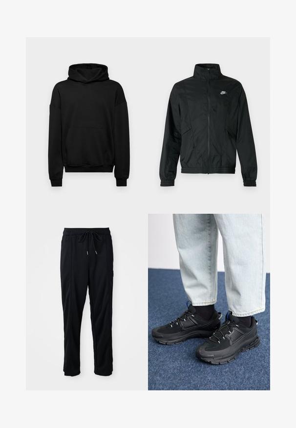 Black Nike lightweight zip-up jacket with high collar, elastic cuffs and hem, and white Nike logo on the left chest.; Black hoodie made of cotton blend, featuring a large front pocket, ribbed cuffs, and a drawstring hood. Simple, unembellished design.; Black drawstring waist casual pants with side seam pockets and straight leg cut on a plain background.; Black athletic shoes with textured fabric and rubber soles, featuring elastic laces and a blue accent on the heel. Worn with light denim pants.