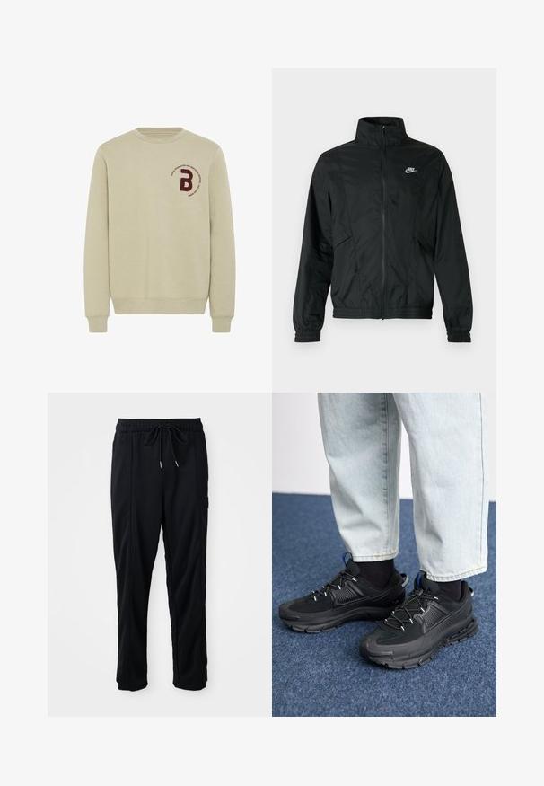 Melna Nike viegla rāvējslēdzēja jaka ar augstu apkakli, elastīgiem aprocēm un apakšu, un baltu Nike logotipu kreisajā krūtīs.; Bēšs džemperis ar apaļu kakla izgriezumu, garām piedurknēm un ribota tipa aprocēm. Iezīmēts ar bordo izšūtu burtu 'B' un apļa tekstu.; Melnas bikses ar aukliņu jostas vietā, ar sānu kabatām un taisnu kāju griezumu uz vienkrāsaina fona.; Melni sporta apavi ar strukturētu audumu un gumijas zoli, ar elastīgām auklām un zilu akcentu uz papēža. Nēsāti ar gaišām džinsu biksēm.