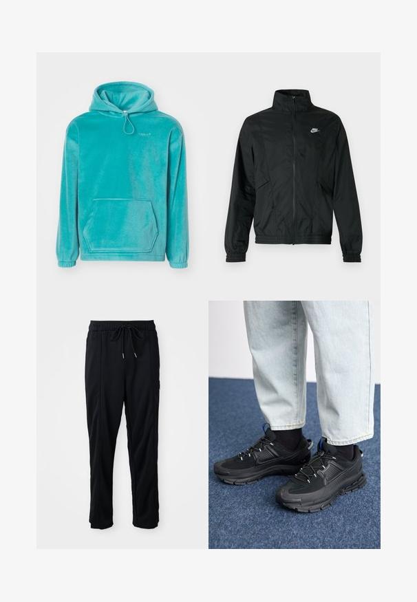 Must Nike kerge lukuga jakk kõrge krae, elastsete varrukasäärte ja alläärega ning valge Nike logoga vasakul rinnal.; Türkiissinine kapuutsiga sviiter, millel on pehme tekstuur, ees kangaroopocket ja elastsed varrukad. Kaeluses on nöör.; Mustad nööridega vööga igapäevased mustad püksid, külgseamipocketid ja sirge sääre lõikega, ühtlasel taustal.; Mustad mustad jooksukingad, millel on tekstureeritud kangas ja kummist tallad, elastsed nöörid ning sinine aksent kandadel. Kandmine heledate teksadega.