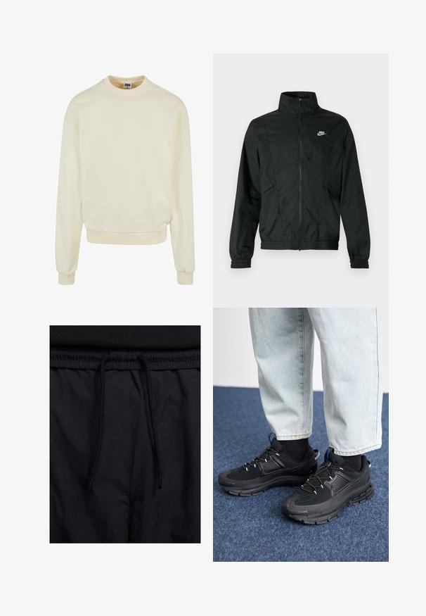 Black Nike lightweight zip-up jacket with high collar, elastic cuffs and hem, and white Nike logo on the left chest.; Cream-colored sweatshirt made of soft fabric, featuring a crew neck, long sleeves, and ribbed cuffs and hem. No patterns or graphics.; Black shorts featuring a drawstring waistband, lightweight fabric with a smooth texture, and a simple design without visible logos or patterns.; Black athletic shoes with textured fabric and rubber soles, featuring elastic laces and a blue accent on the heel. Worn with light denim pants.