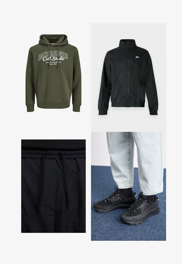 Must Nike kerge lukuga jakk kõrge krae, elastsete varrukasäärte ja alläärega ning valge Nike logoga vasakul rinnal.; Olive rohelise kapuutsiga särgis on paelad, millel on valge graafikatrükk, kus on kirjas tekst "JACK&JONES Coll. Studio." Pehme kangas, vabalt voolav lõige.; Mustad lühikesed püksid, millel on paelaga vöökoht, kerge kangas, mis on sileda tekstuuriga ning lihtne disain ilma nähtavate logode või mustriteta.; Mustad mustad jooksukingad, millel on tekstureeritud kangas ja kummist tallad, elastsed nöörid ning sinine aksent kandadel. Kandmine heledate teksadega.