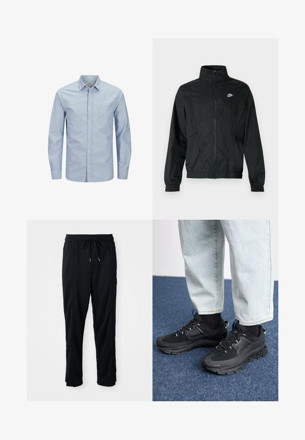 Melna Nike viegla rāvējslēdzēja jaka ar augstu apkakli, elastīgiem aprocēm un apakšu, un baltu Nike logotipu kreisajā krūtīs.; Gaiši zils, garām piedurknēm pogājams krekls ar kabatu kreisajā krūtī. Izgatavots no mīkstas auduma ar gludu tekstūru un smalku logotipa detaļu.; Melnas bikses ar aukliņu jostas vietā, ar sānu kabatām un taisnu kāju griezumu uz vienkrāsaina fona.; Melni sporta apavi ar strukturētu audumu un gumijas zoli, ar elastīgām auklām un zilu akcentu uz papēža. Nēsāti ar gaišām džinsu biksēm.