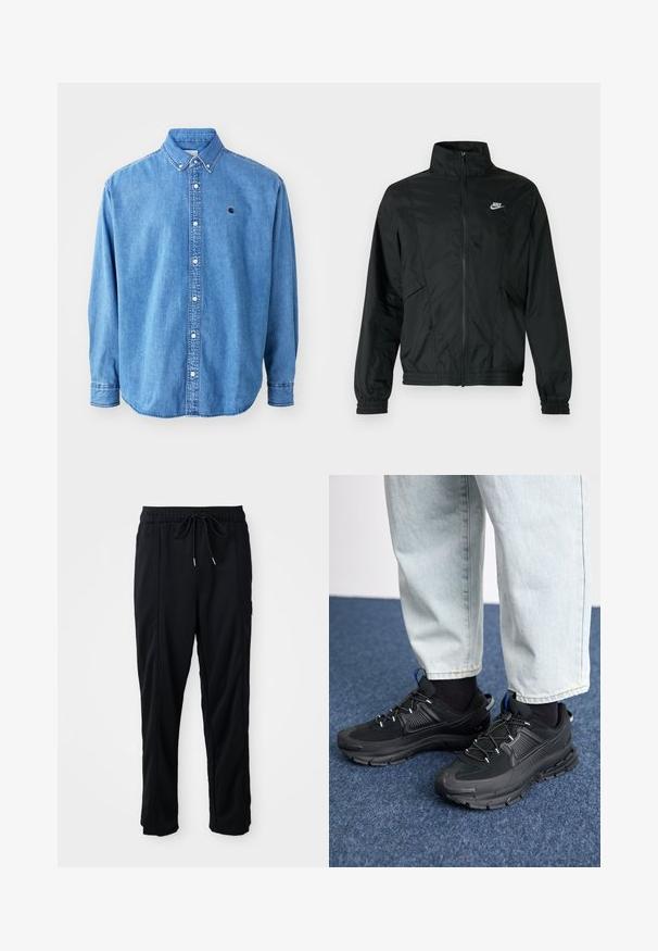 Jachetă ușoară neagră Nike cu fermoar, guler înalt, manșete și tiv elastice, și logo alb Nike pe pieptul stâng.; Cămașă din denim, de culoare albastru deschis, cu guler tip point, mâneci lungi și un mic logo pe piept. Prezintă nasturi albi și cusături.; Pantaloni casual negri cu șnur la talie, cu buzunare laterale și croială dreaptă, pe un fundal simplu.; Pantofi sport negri, cu țesătură texturată și tălpi din cauciuc, având șireturi elastice și un accent albastru pe toc. Purtați cu pantaloni din denim deschis.