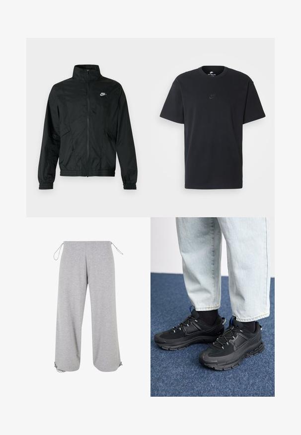Černá lehká bunda Nike na zip s vysokým límcem, elastickými manžetami a lemem a bílým logem Nike na levé straně hrudi.; Černé bavlněné tričko Nike s klasickým kulatým výstřihem, krátkými rukávy a decentně vyraženým logem na hrudi. Hladký povrch.; Světlé šedé kalhoty s širokými nohavicemi vyrobené z měkké bavlny, s nastavitelnými tkaničkami v pase a na lemu pro přizpůsobení velikosti.; Černé sportovní boty s texturovanou tkaninou a gumovou podrážkou, s elastickými tkaničkami a modrým akcentem na patě. Nosí se s světlými džíny.