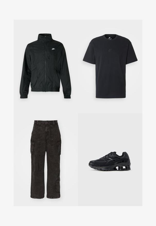 Černá lehká bunda Nike na zip s vysokým límcem, elastickými manžetami a lemem a bílým logem Nike na levé straně hrudi.; Černé bavlněné tričko Nike s klasickým kulatým výstřihem, krátkými rukávy a decentně vyraženým logem na hrudi. Hladký povrch.; Černé cargo kalhoty z texturované látky s několika bočními kapsami, širokými nohavicemi a vysokým pasem se závěsnými oky a knoflíkovým zapínáním.; Černá sportovní obuv s horní částí z mesh materiálu, polstrovaným límcem a výraznou tlumicí technologií v patě. Obsahuje texturované detaily a tkaničky.
