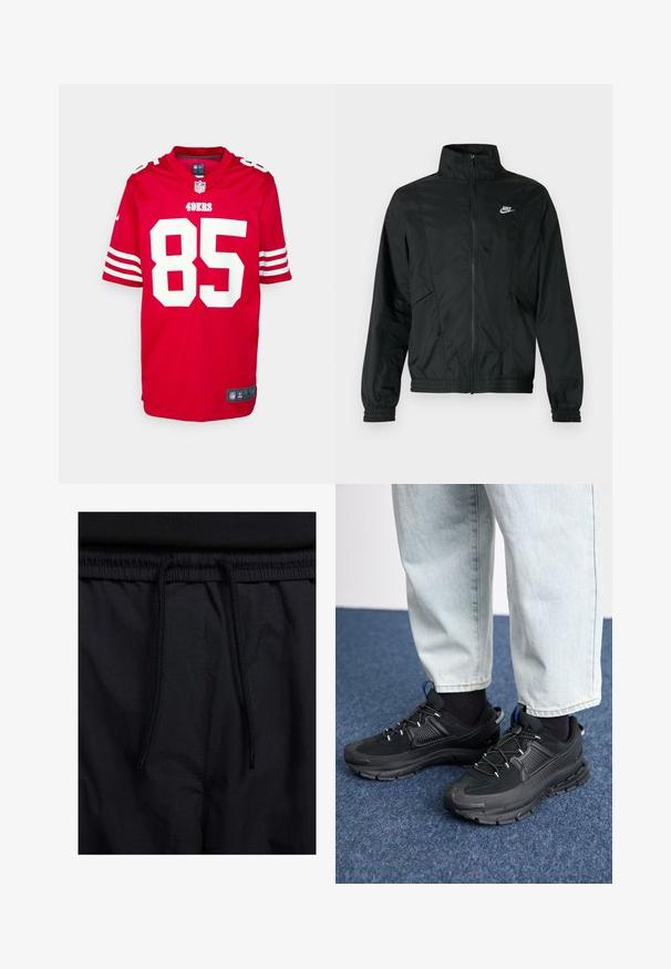 Črna lahka jakna Nike na zadrgo z visokim ovratnikom, elastičnimi manšetami in spodnjim robom ter belim logotipom Nike na levi strani prsnega koša.; Rdeča NFL majica z belimi detajli nosi številko "85" in napis "49ERS" spredaj. Ima kratke rokave z belimi črtami in Nike logo pri ovratniku.; Črne kratke hlače z vrvico v pasu, lahkotna tkanina z gladko teksturo in preprosto zasnovo brez vidnih logotipov ali vzorcev.; Črne športne čevlje z teksturirano tkanino in gumijastimi podplati, ki imajo elastične vezalke ter modre poudarke na peti. Nosi se z lahkimi denim hlačami.