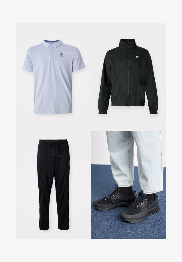 Must Nike kerge lukuga jakk kõrge krae, elastsete varrukasäärte ja alläärega ning valge Nike logoga vasakul rinnal.; Heledsinine polo särk, millel on krae, lühikesed varrukad ja õrn tekstuuriline muster. Ülemisel vasakul küljel on väike tume logo.; Mustad nööridega vööga igapäevased mustad püksid, külgseamipocketid ja sirge sääre lõikega, ühtlasel taustal.; Mustad mustad jooksukingad, millel on tekstureeritud kangas ja kummist tallad, elastsed nöörid ning sinine aksent kandadel. Kandmine heledate teksadega.