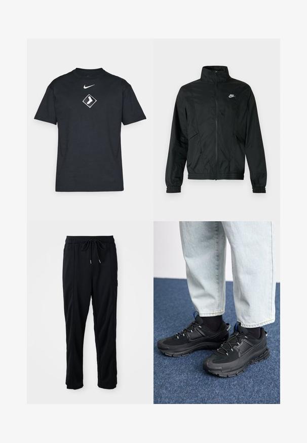 Black Nike lightweight zip-up jacket with high collar, elastic cuffs and hem, and white Nike logo on the left chest.; Black cotton T-shirt with short sleeves, round neckline, featuring a white Nike logo and a diamond-shaped graphic with a white sock design.; Black drawstring waist casual pants with side seam pockets and straight leg cut on a plain background.; Black athletic shoes with textured fabric and rubber soles, featuring elastic laces and a blue accent on the heel. Worn with light denim pants.