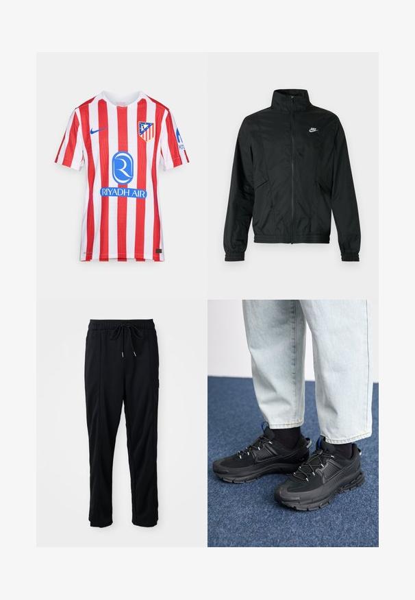 Schwarze, leichte Nike Zip-up-Jacke mit hohem Kragen, elastischen Bündchen und Saum sowie weißem Nike-Logo auf der linken Brust.; Rot-weiß gestreiftes Football-Trikot aus atmungsaktivem Material. Enthält das Nike-Logo, das Teamwappen und ein blaues Sponsorlogo auf der Vorderseite.; Schwarze lässige Hosen mit Kordelzug und seitlichen Eingrifftaschen sowie geradem Bein auf einem einfarbigen Hintergrund.; Schwarze Sportschuhe aus strukturiertem Stoff mit Gummisohlen, ausgestattet mit elastischen Schnürsenkeln und einem blauen Akzent an der Ferse. Getragen mit hellen Jeans.