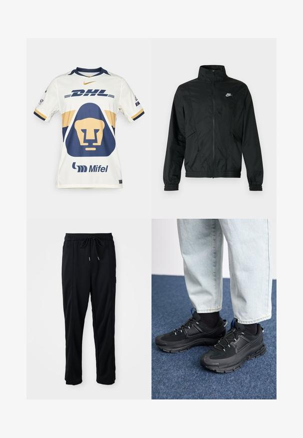 Must Nike kerge lukuga jakk kõrge krae, elastsete varrukasäärte ja alläärega ning valge Nike logoga vasakul rinnal.; Valge spordiseljas, millel on tumesinised ja kuldsed aktsendid. Omab lõvigilüüti, "DHL" logo ja "Mifel" brändingut. Lühikesed varrukad ja ümara kaeluse disain.; Mustad nööridega vööga igapäevased mustad püksid, külgseamipocketid ja sirge sääre lõikega, ühtlasel taustal.; Mustad mustad jooksukingad, millel on tekstureeritud kangas ja kummist tallad, elastsed nöörid ning sinine aksent kandadel. Kandmine heledate teksadega.