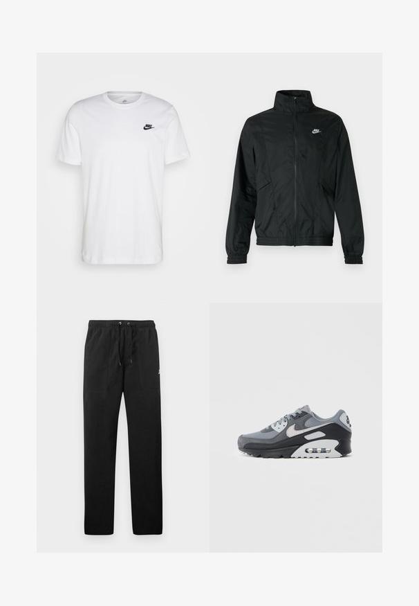 Melna Nike viegla rāvējslēdzēja jaka ar augstu apkakli, elastīgiem aprocēm un apakšu, un baltu Nike logotipu kreisajā krūtīs.; Balta kokvilnas T-krekls ar apaļu kaklu, īsām piedurknēm un melnu Nike logo kreisajā krūtīs. Vienkāršs, viendabīgs dizains.; Melnas sporta bikses, izgatavotas no flīsa, ar elastīgu jostasviedi un auklām, diviem priekšējiem kabatām un nelielu logo uz augšstilba.; Pelēki sporta apavi ar acs un zamšāda materiālu kombināciju, melnu zolīti un redzamu gaisa spilventiņu. Izceltas gaiši pelēkas detaļas un auklas.