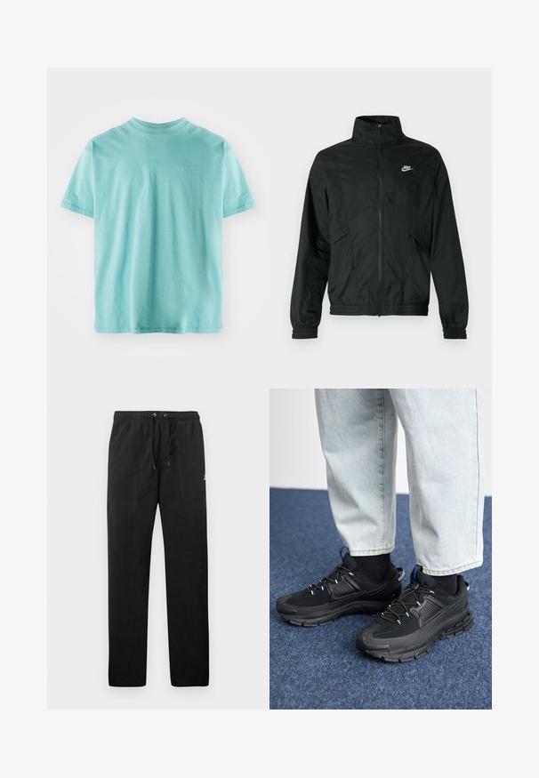 Černá lehká bunda Nike na zip s vysokým límcem, elastickými manžetami a lemem a bílým logem Nike na levé straně hrudi.; Tyrkysové bavlněné tričko s krátkými rukávy, kulatým výstřihem a malým bílým logem "Levi's" na hrudi. Měkká textura a volný střih.; Černé teplákové kalhoty vyrobené z fleecu, s elastickým pasem a šňůrkami, dvěma předními kapsami a malým logem na stehně.; Černé sportovní boty s texturovanou tkaninou a gumovou podrážkou, s elastickými tkaničkami a modrým akcentem na patě. Nosí se s světlými džíny.