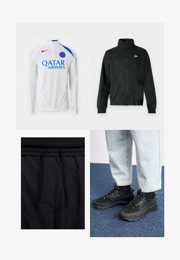 Black Nike lightweight zip-up jacket with high collar, elastic cuffs and hem, and white Nike logo on the left chest.; White long-sleeve jersey with blue shoulder accents, a half-zip collar, textured fabric, and red Nike logo; features "QATAR AIRWAYS" in blue.; Black shorts featuring a drawstring waistband, lightweight fabric with a smooth texture, and a simple design without visible logos or patterns.; Black athletic shoes with textured fabric and rubber soles, featuring elastic laces and a blue accent on the heel. Worn with light denim pants.