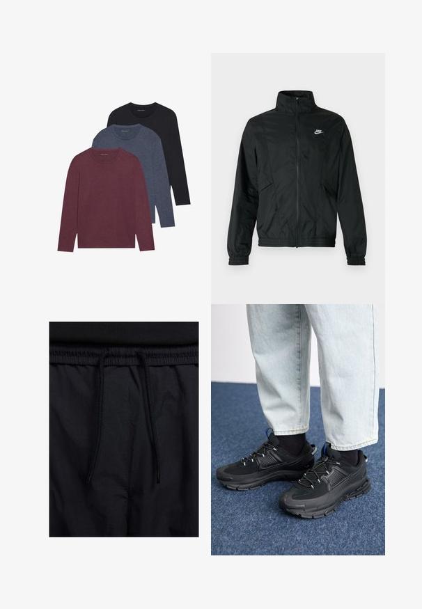 Black Nike lightweight zip-up jacket with high collar, elastic cuffs and hem, and white Nike logo on the left chest.; Three long-sleeve t-shirts in burgundy, dark blue, and black. Cotton material, crew neck, solid colors, with subtle texture.; Black shorts featuring a drawstring waistband, lightweight fabric with a smooth texture, and a simple design without visible logos or patterns.; Black athletic shoes with textured fabric and rubber soles, featuring elastic laces and a blue accent on the heel. Worn with light denim pants.