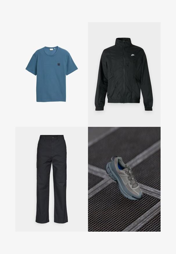 Jachetă ușoară neagră Nike cu fermoar, guler înalt, manșete și tiv elastice, și logo alb Nike pe pieptul stâng.; Tricou albastru cu maneci scurte, dintr-un material texturat, având un guler rotund și o etichetă cu logo pătrată pe partea stângă a pieptului.; Pantaloni cargo negri cu un design drept, dotati cu buzunare laterale si un material texturat. Inchidere cu buton la talie pentru o potrivire sigura.; Încălțăminte sportivă bej și gri cu parte superioară din plasă texturată, vârf rotund și talpă din cauciuc, având șireturi și un guler căptușit.
