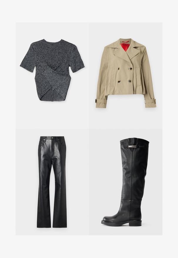 Šviesiai ruda trumpa striukė, pasižyminti dvigubo užsegimo dizainu, dideliais atvartais, dviem priekinėmis kišenėmis ir reguliuojamais rankogaliais su raudona vidine pamušalo spalva.; Pilkas trumpas rankovėmis megztas viršus su tekstūruotu raštu, turintis persidengiančią konstrukciją nugaros pusėje ir klasikinį apvalų kaklą.; Juoda odinė kelnė su lygiu paviršiumi, plačiomis kojomis, priekiniais užtrauktukais ir diržo kilpomis. Yra subtilių siuvinėjimo akcentų.; Knee-high juodi odiniai batai su lygiu paviršiumi, apvaliu pirštu ir žemu bloko kulnu. Viršutinėje pusėje yra sidabrinis akcentas.