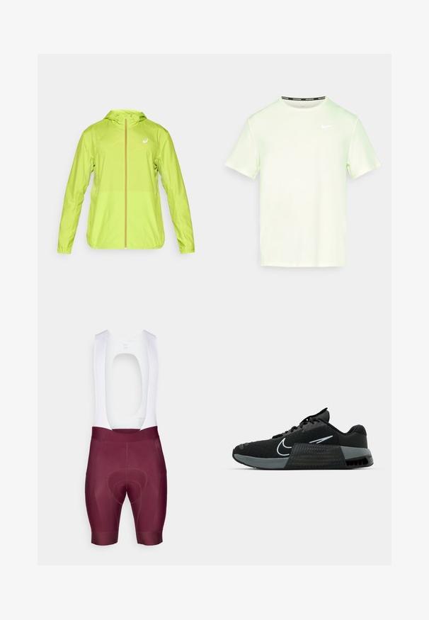 ASICS CORE zielony neon; Jasnozielona koszulka Nike z krótkimi rękawami, okrągłym dekoltem i małym białym logo na piersi. Gładki, lekki materiał.; Spodenki kolarskie wykonane z elastycznej tkaniny, w kolorze bordowym z białą górną częścią oraz wyraźnie zaznaczoną wkładką chamois dla komfortu.; Czarny but sportowy z siateczkową cholewką, szarymi akcentami i teksturowaną podeszwą środkową. Posiada wyraźne logo i sznurowaną konstrukcję. Gumowa podeszwa zewnętrzna zapewnia przyczepność.