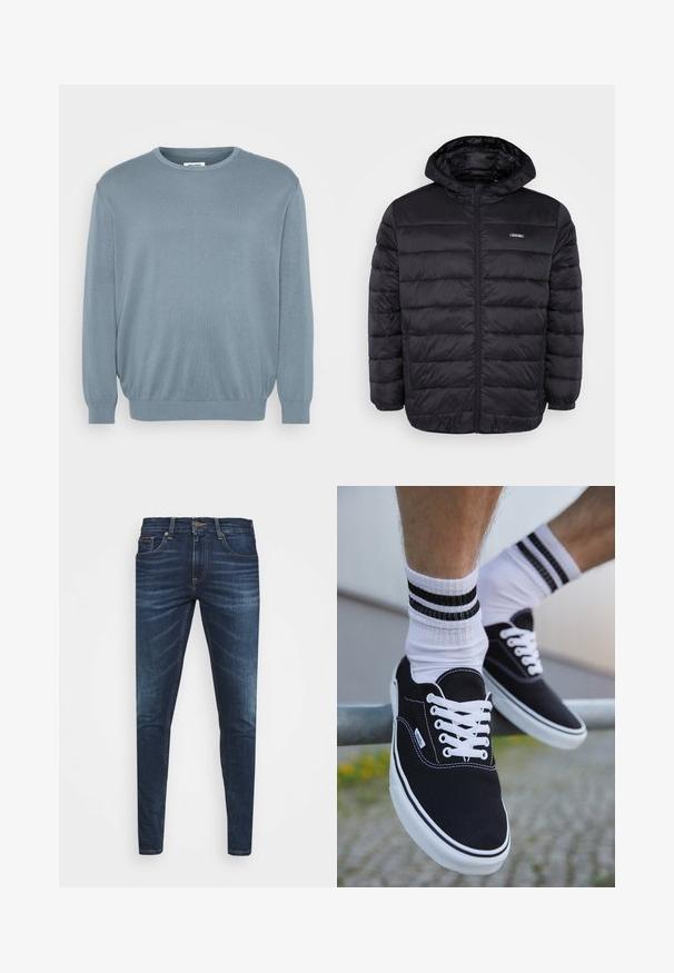 Schwarze gepolsterte Jacke mit Kapuze, ausgestattet mit einem Frontreißverschluss, seitlichen Taschen und einer glatten, glänzenden Stoffoberfläche. Auffälliges gestepptes Design.; Helles blaues Sweatshirt aus Strickstoff, mit rundem Halsausschnitt und gerippten Bündchen und Saum. Einfaches Design mit einer weichen Textur.; Dunkelblaue Jeans im Slim Fit mit subtiler Verwaschung, fünf Taschen und einem Metallknopfverschluss. Genähte Akzente in kontrastierender Farbe.; Schwarze Leinenschuhe mit weißen Schnürsenkeln, weißer Gummisohle und kontrastierenden Nähten. Getragen mit weißen Socken mit schwarzen Streifen.