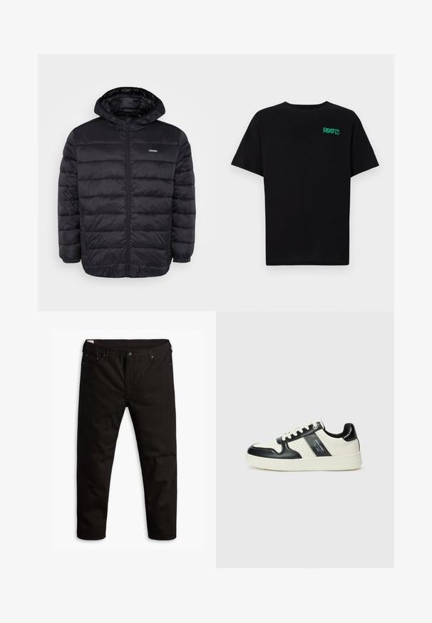 Fekete párnázott dzseki kapucnival, elülső cipzárral, oldalsó zsebekkel és sima, fényes anyagtextúrával. Figyelemre méltó steppelt dizájn.; Fekete, pamutból készült póló rövid ujjakkal. Elöl zöld "ROOTS" logóval, kerek nyakkivágással és normál szabással.; Fekete egyenes szárú farmernadrág, elől gombbal és cipzárral, öt zsebes dizájn, övhurkokkal, fehér háttérrel.; Fekete és krém színű bőrsneaker, perforált díszítésekkel, párnázott bokapánttal és texturált talppal.