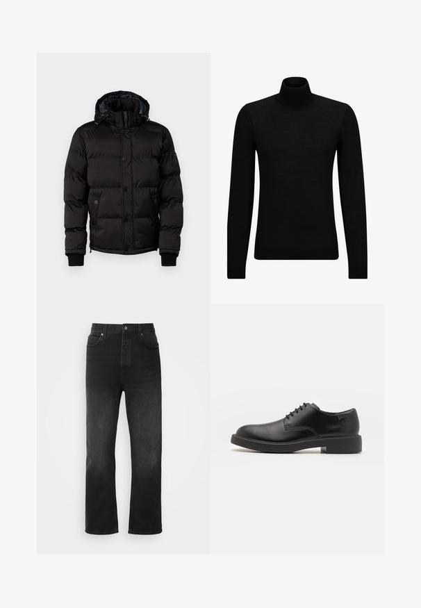 Guess STRETCH JACKET - Winterjacke - jet black; Schwarzer Rollkragenpullover aus weichem Material mit langen Ärmeln und enger Passform. Rippbesatz am Saum und an den Bündchen. Einfaches Design.; HUGO NATE - Baggy Jeans - dark grey; Schwarzer Leder-Schnürschuh mit abgerundetem Zeh, glatter Textur, minimaler Naht und niedrigem Gummiabsatz. Logo auf der Ferse.
