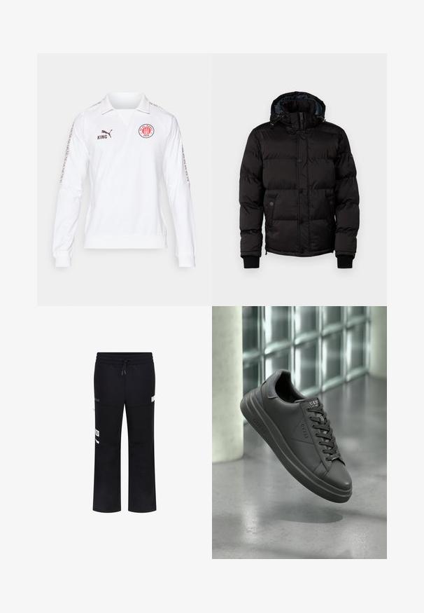 Guess STRETCH JACKET - Talvejope - jet black; Valge pikka varrukatega särk polo kraega, pruuni logo ja tekstiga, mustrilised aksendid varrukatel ja soonilised mansetid.; Mustad spordipüksid elastse vöökoha, tõmbluku ja küljetaskutega, millel on logo detailid. Sile tekstuur ja vabalt istuv disain.; Mustad nahkjalatsid siledat viimistlusest, ümmarguse varbaga, tekstuursete aktsentide ja paeltega kujundusega. Logo on näha keelel.