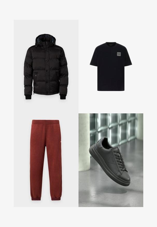 Guess STRETCH JACKET - Zimska jakna - jet black; Crna pamučna majica s kratkim rukavima, s kvadratnom sivom oznakom na lijevoj strani prsiju. Dizajn s okruglim izrezom, glatka tekstura.; Pantalone od flisa u rust boji s elastičnim pojasom i manžetama na gležnjevima, prikazani na bijeloj pozadini.; Crne kožne tenisice s glatkim umakom, s zaobljenim vrhom, teksturiranim detaljima i dizajnom na vezanje. Logotip prikazan na jeziku.
