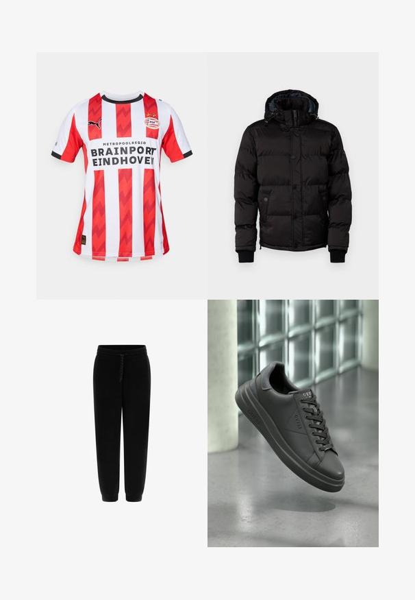 Guess STRETCH JACKET - Jachetă de iarnă - jet black; Cămașă de fotbal cu dungi verticale roșii și albe, cu modele în zigzag, având logo-ul Puma, emblema PSV Eindhoven și înveliș negru în jurul gulerului.; Pantaloni de trening negri cu o textură netedă, talie elastică, șnur reglabil și glezne conice. Include un detaliu subtil cu logo.; Adidași negri din piele cu o finisare netedă, având vârf rotunjit, accente texturate și un design cu șireturi. Logo-ul este afișat pe limbă.