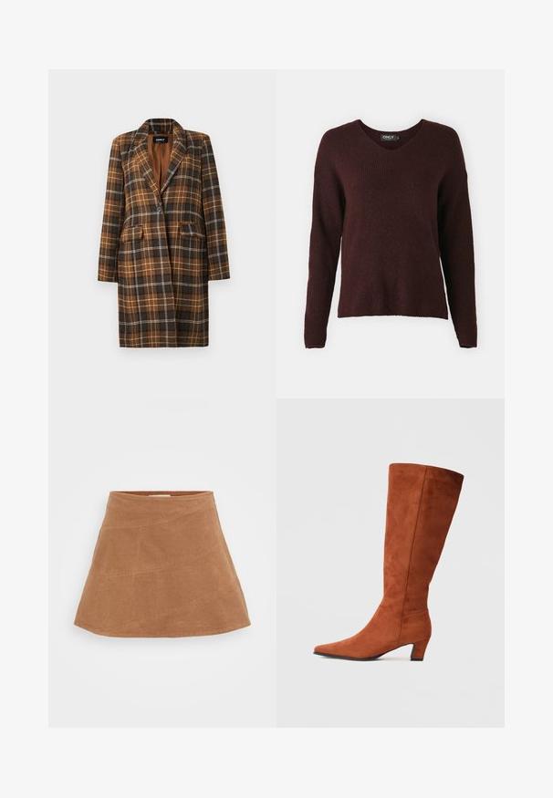 Hnědý a černý kostkovaný dlouhý kabát s klopovými límci, zapínáním na jeden černý knoflík, klopovými kapsami a plnou podšívkou.; Bordový pletený svetr s výstřihem do V, dlouhými rukávy a texturovaným vzorem. Vyrobený z měkké látky s volným střihem.; Hnědá kordurová mini sukně s rozšířeným designem, která má šikmé švy a hladkou texturu. Na vrchu je plochý pas.; Hnědé semišové nadkolenní boty s špičatou špičkou a malým blokovým podpatkem, s hladkou texturou a minimalistickým designem.