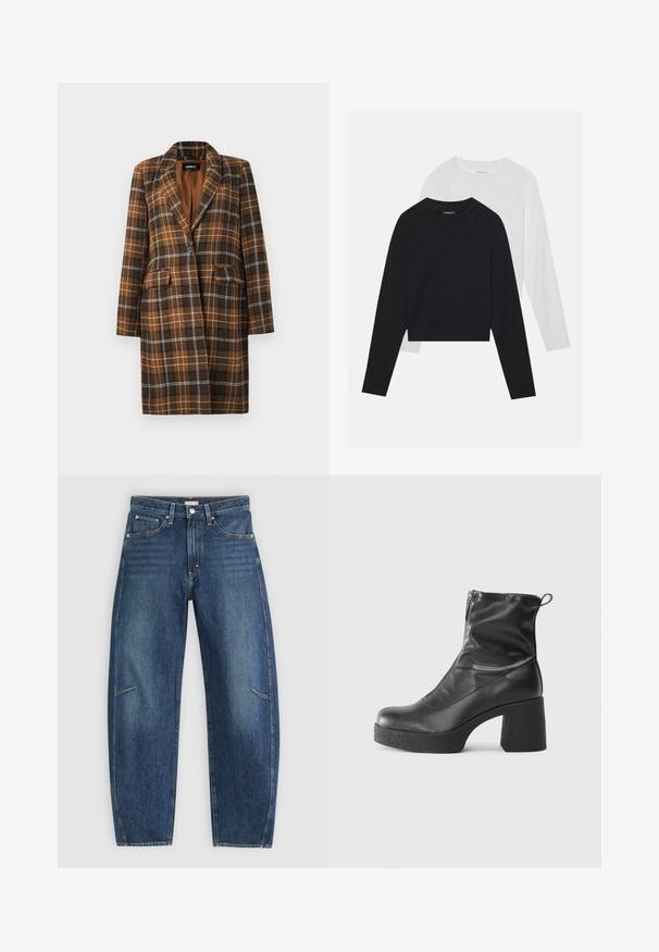 Ruskea ja musta ruudullinen pitkä takki, jossa on lovetut kaulukset, yksi musta napitus, läppätaskut ja täydellinen vuori.; Kaksi pitkähihasta paitaa: yksi musta ja yksi valkoinen. Molemmissa on pyöreä kaula-aukko, raglan-hihat ja pehmeä puuvillasekoitekangas.; Tummansiniset denim-farkut suora lahkeinen muotoilulla, joissa on etutaskut, kontrastivärinen ompelu ja hienovarainen haalistunut rakenne lahkeissa.; Mustat nilkkurit, jotka on valmistettu sileästä nahasta. Niissä on sivuvetoketju, paksu teksturoitu korko ja pyöristetty kärki.