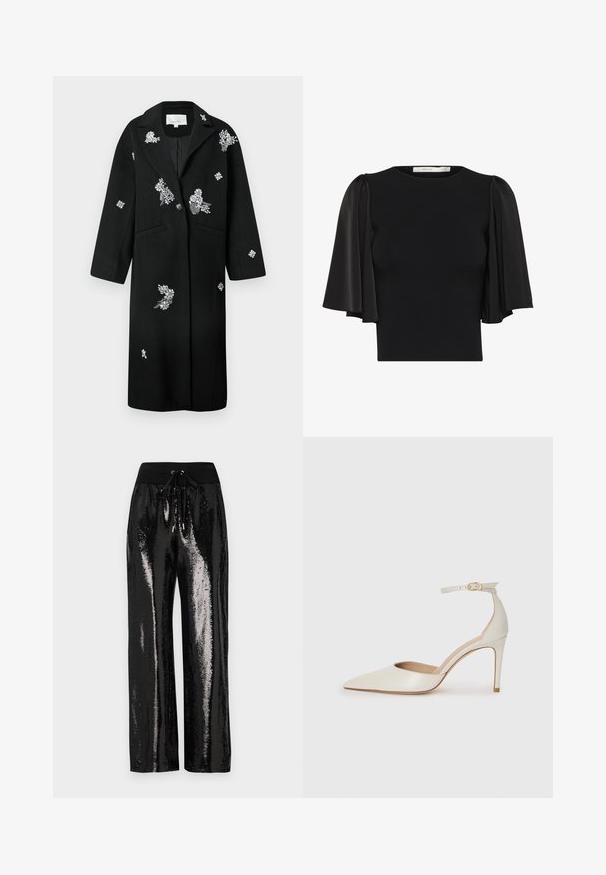Černý kabát s stříbrným květinovým vyšíváním, strukturovanými klopy, zapínáním na jeden knoflík a dvěma předními kapsami. Hladká tkanina s elegantním střihem.; Černý top s krátkými nafouknutými rukávy z průsvitné látky, kulatým výstřihem a přiléhavým střihem. Měkká textura s hladkým povrchem.; Černé flitrové kalhoty s širokým střihem a elastickým pasem s tkaničkou. Tkanina má odrazivou, lesklou texturu.; Bílé kožené lodičky na vysokém podpatku s špičatou špičkou, kotníkovým páskem a štíhlým jehlovým podpatkem. Hladká textura s mírným lesklým povrchem.
