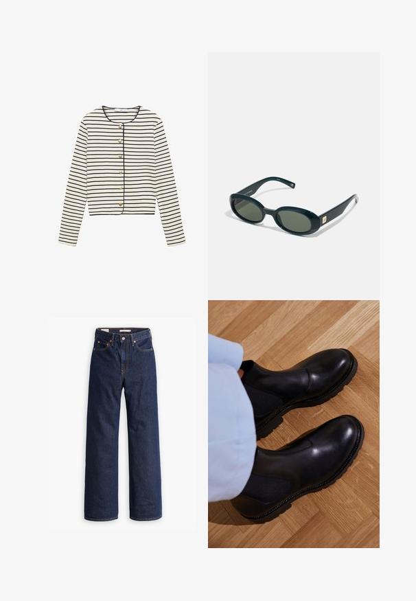 Námornícky modrý trenčkot s dvojradovým dizajnom, gombíkovými detailmi, nastaviteľnými manžetami a opaskom v páse pre priliehavý vzhľad.; Pruhovaný dlhý rukáv v krémovej farbe s námorníckymi vodorovnými pruhmi, s okrúhlym výstrihom a šiestimi zlatými gombíkmi na prednej strane. Skrátená dĺžka.; Modrá a biela pruhovaná košeľa s dlhým rukávom, zapínaním na gombíky, s rozšíreným golierom, prispôsobeným strihom a zakriveným lemom. Textúrovaný bavlnený materiál.; Tmavomodré džínsy rovného strihu s piatimi vreckami, oranžovým prešívaním a zapínaním na gombík.; Čierne členkové topánky vyrobené z hladkej kože s elastickými bočnými panelmi, textúrovanou gumovou podrážkou a kontrastným prešívaním po okraji.; Oválne slnečné okuliare z tmavozelenej plastu, so zafarbenými šošovkami a zlatým obdĺžnikovým akcentom na ráme. Hladký povrch a elegantný dizajn.
