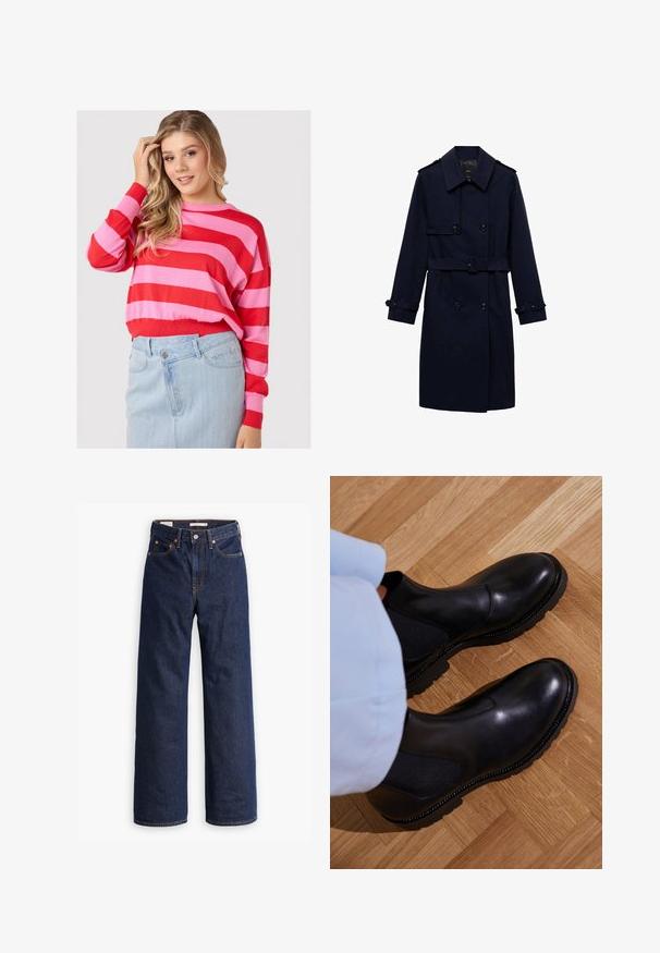 Tummansininen trench-takki, jossa on kaksirivinen suunnittelu, napit yksityiskohtina, säädettävät hihansuut ja vyöllä varustettu vyötärö, joka tuo vartalonmuotoa esiin.; Punainen ja vaaleanpunainen raidallinen neule, jossa on pyöreä kaula-aukko ja rento istuvuus, yhdistettynä vaaleansiniseen farkkuhameeseen. Pehmeä neulemateriaali.; Tummansiniset suorat farkut, joissa on viisi taskua, oranssit saumat ja napituskaitale.; Musta nilkkurit, jotka on valmistettu sileästä nahasta, jossa on elastiset sivupaneelit, teksturoitu kumipohja ja kontrastivärinen ommel reunoilla.