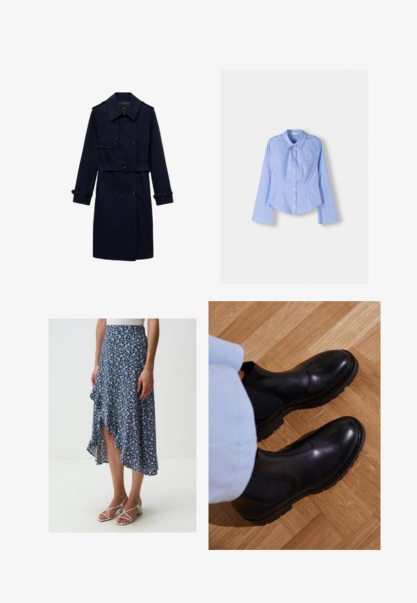 Manteau trench bleu marine avec un design croisé, détails de boutons, poignets ajustables et une taille ceinturée pour une apparence ajustée.; Chemise à manches longues rayée bleue et blanche, avec col évasé, coupe ajustée et ourlet arrondi. Matière en coton texturé.; Jimmy Key FLORAL PATTERNED REGULAR WAIST - Jupe trapèze - blue; Bottines noires en cuir lisse avec des panneaux latéraux élastiques, une semelle en caoutchouc texturé et des coutures contrastantes le long du bord.