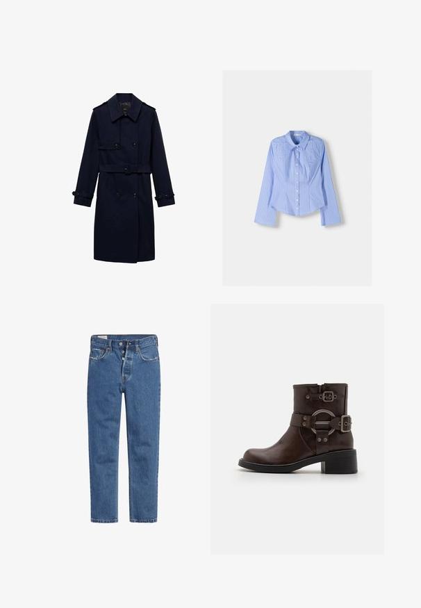 Granatowy trencz o podwójnym guzikowaniu, z detalami guzików, regulowanymi mankietami i paskiem w talii dla dopasowanego wyglądu.; Niebieska i biała w paski, długorękawowa koszula zapinana na guziki, z kołnierzykiem typu spread, dopasowanym krojem oraz zaokrąglonym dolnym wykończeniem. Teksturowany materiał bawełniany.; Niebieskie dżinsy o wysokim stanie, z pięcioma guzikami i prostymi nogawkami. Materiał ma fakturowane, lekko wyblakłe wykończenie.; Brązowe skórzane botki sięgające kostki z zaokrąglonym noskiem, srebrnymi metalowymi detalami i dwiema dekoracyjnymi paskami. Gruba czarna obcas i teksturowana podeszwa.