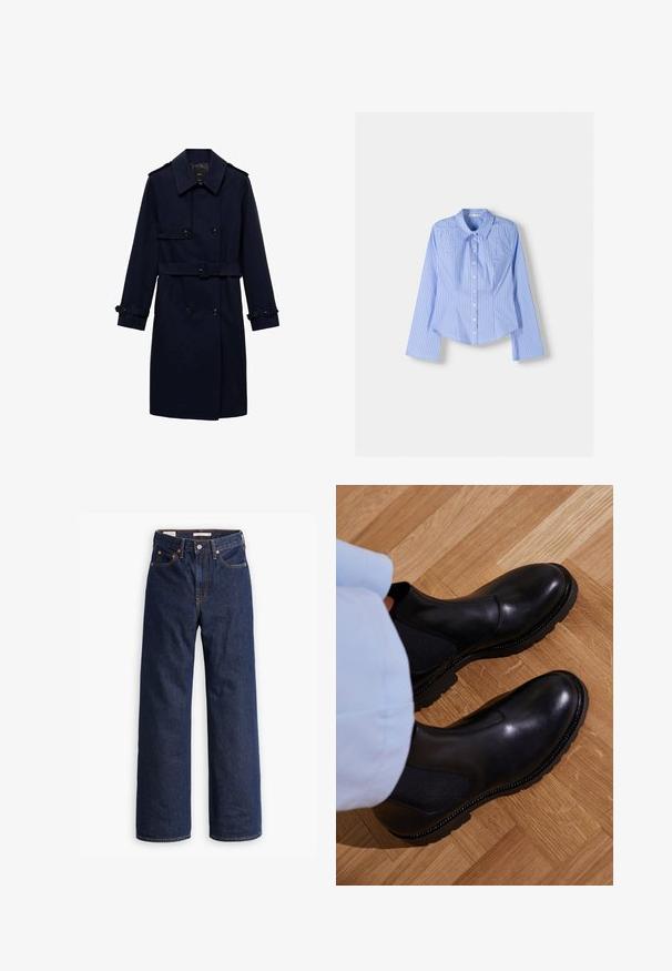 Caban bleumarin cu un design cu două rânduri de nasturi, detalii cu nasturi, manșete ajustabile și talie cu curea pentru un aspect ajustat.; Cămașă cu dungi albastre și albe, cu mâneci lungi, guler deschis, croială ajustată și tiv curbat. Material din bumbac texturat.; Jeans din denim dreapta, de culoare albastru închis, cu cinci buzunare, cusături portocalii și închidere cu nasture.; Cizme negre până la gleznă, fabricate din piele netedă, cu panouri elastice pe laterale, o talpă din cauciuc texturat și cusături în contrast pe margine.