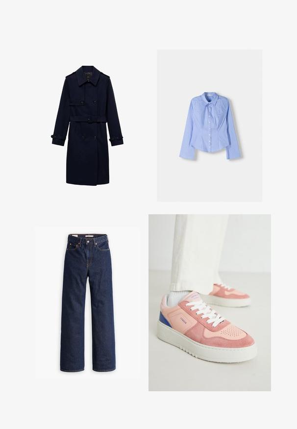 Námořnický modrý trenčkot s dvojitým zapínáním, detaily s knoflíky, nastavitelné manžety a opasek v pase pro přiléhavý vzhled.; Modrá a bílá pruhovaná košile s dlouhými rukávy, knoflíkovým zapínáním a rozšířeným límcem. Přizpůsobený střih a zakulacený lem. Texturovaný bavlněný materiál.; Tmavě modré džíny rovného střihu s pěti kapsami, oranžovým prošíváním a zapínáním na knoflík.; Růžové a korálové tenisky vyrobené z nubuku a kůže, s bílými šněrovadly a texturovanou gumovou podrážkou. Mají modré akcenty na patě.